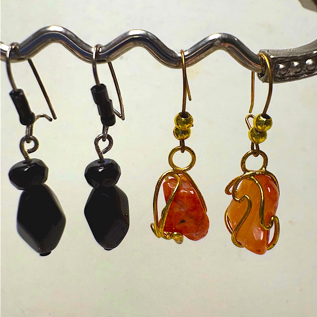 Earrings Pierced Handcrafted Unique 2 Black Faceted Glass Beads&Orange Beachgold